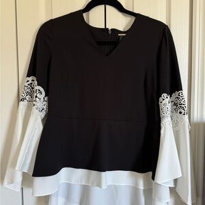 Chicos Black Label Elegant Black and White Lace Sleeve Women's Top